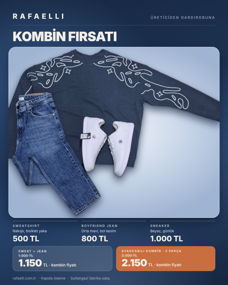 Rafaelli kombin: lacivert nakışlı sweatshirt ve orta mavi boyfriend jean pantolon