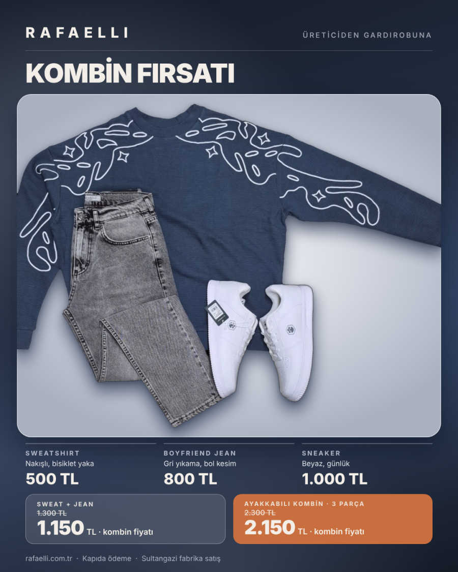 Rafaelli kombin: lacivert nakışlı sweatshirt ve gri yıkama boyfriend jean pantolon
