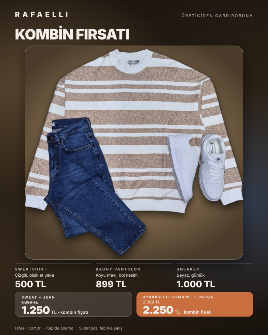 Rafaelli kombin: kahve çizgili sweatshirt ve koyu mavi baggy pantolon