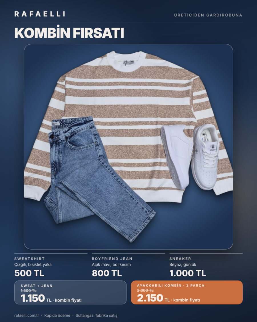 Rafaelli kombin: kahve çizgili sweatshirt ve açık mavi boyfriend jean pantolon