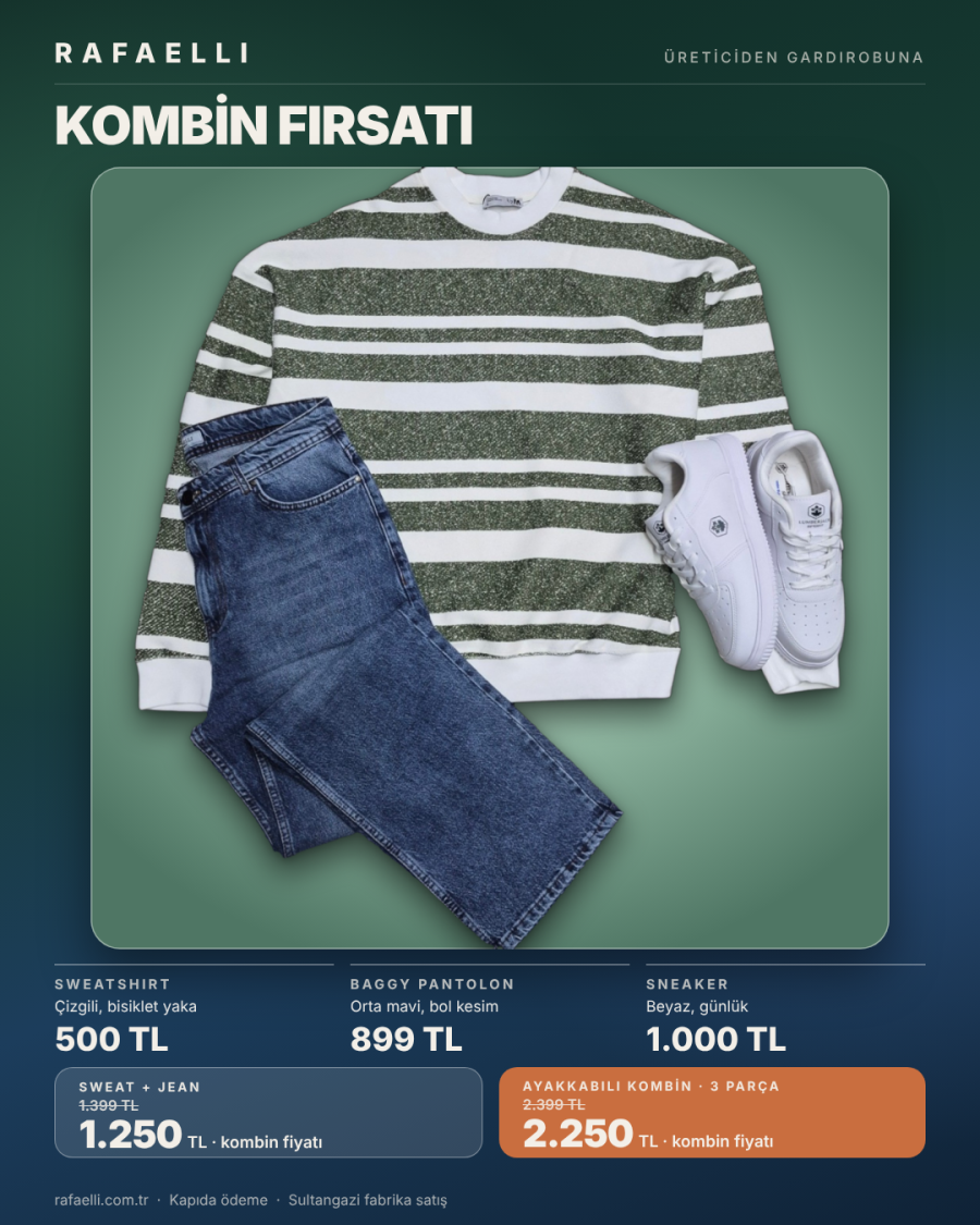 Rafaelli kombin: yeşil çizgili sweatshirt ve orta mavi baggy pantolon