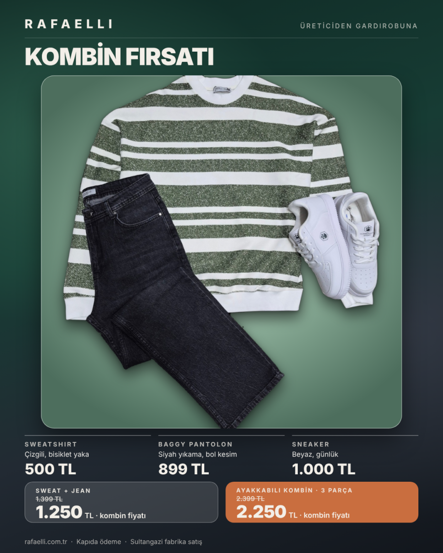 Rafaelli kombin: yeşil çizgili sweatshirt ve siyah yıkama baggy pantolon
