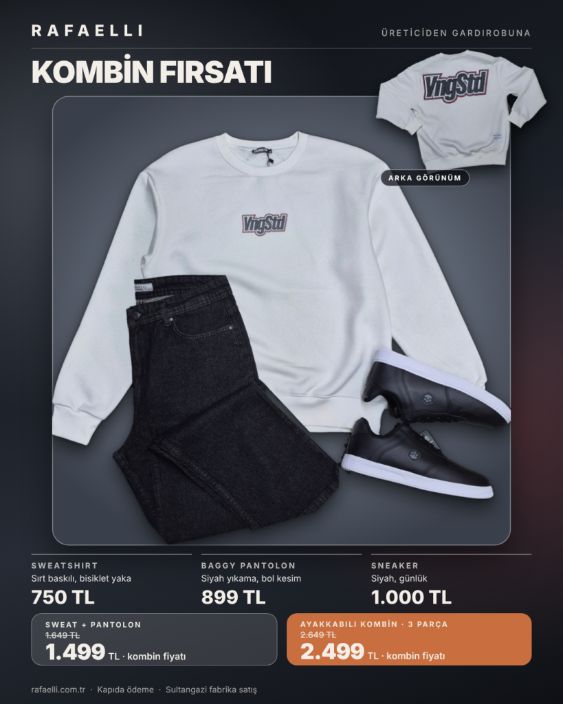 Rafaelli kombin: beyaz sırt baskılı sweatshirt ve siyah yıkama baggy pantolon