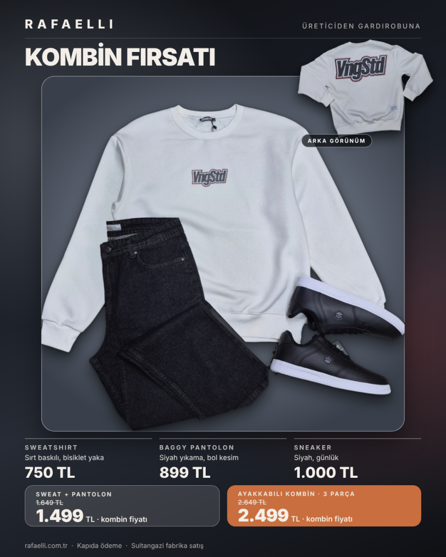Rafaelli kombin: beyaz sırt baskılı sweatshirt ve siyah yıkama baggy pantolon