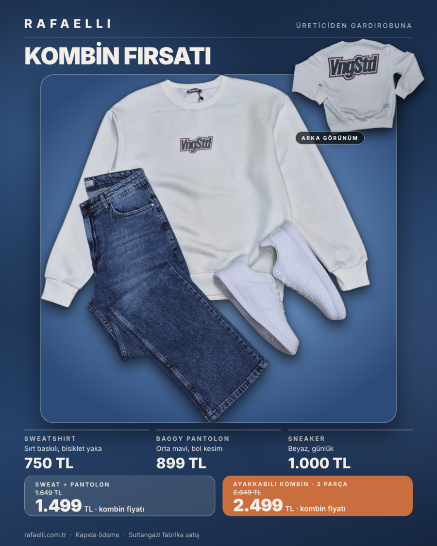 Rafaelli kombin: beyaz sırt baskılı sweatshirt ve orta mavi baggy pantolon