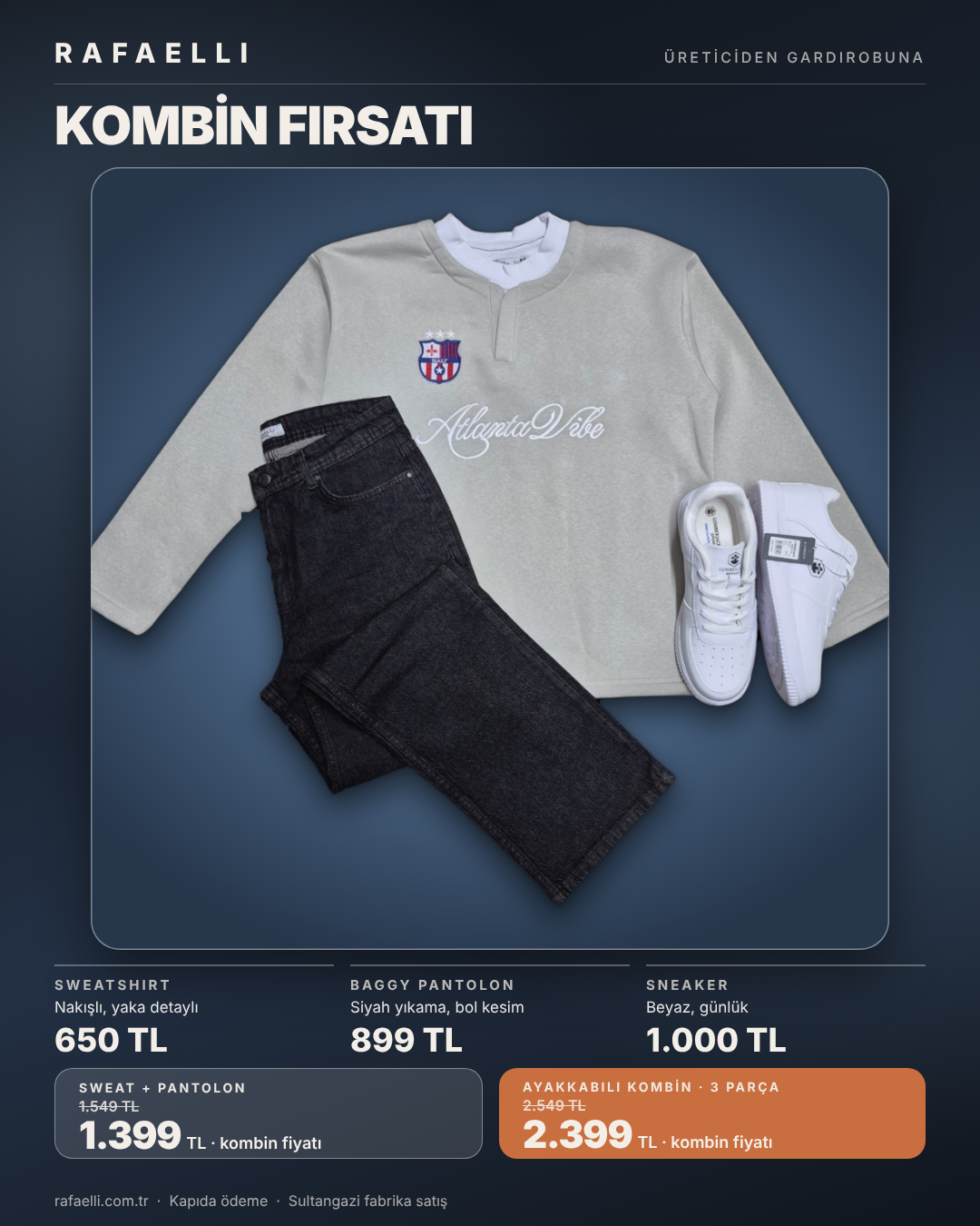 Rafaelli kombin: krem nakışlı sweatshirt ve siyah yıkama baggy pantolon