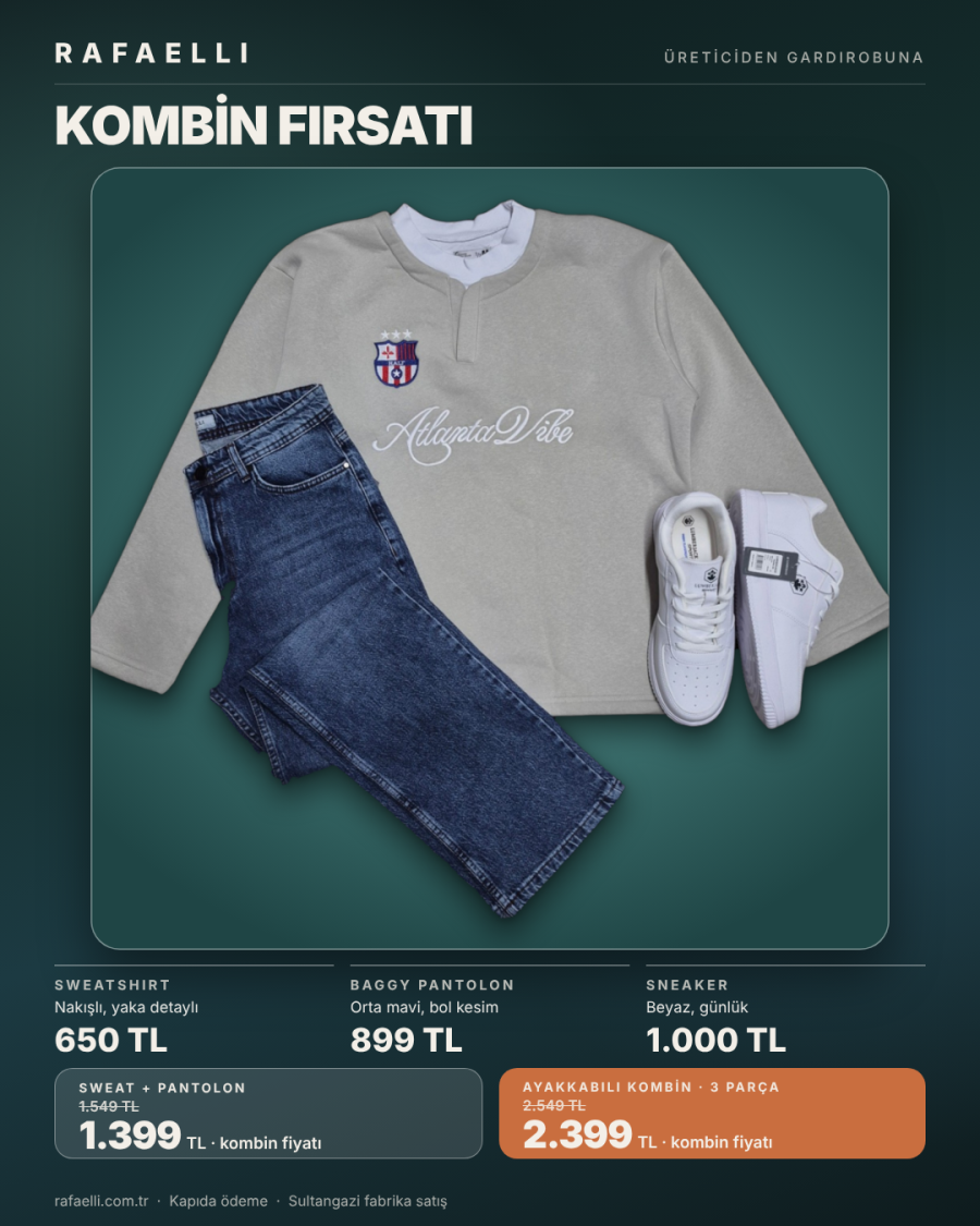 Rafaelli kombin: krem nakışlı sweatshirt ve orta mavi baggy pantolon