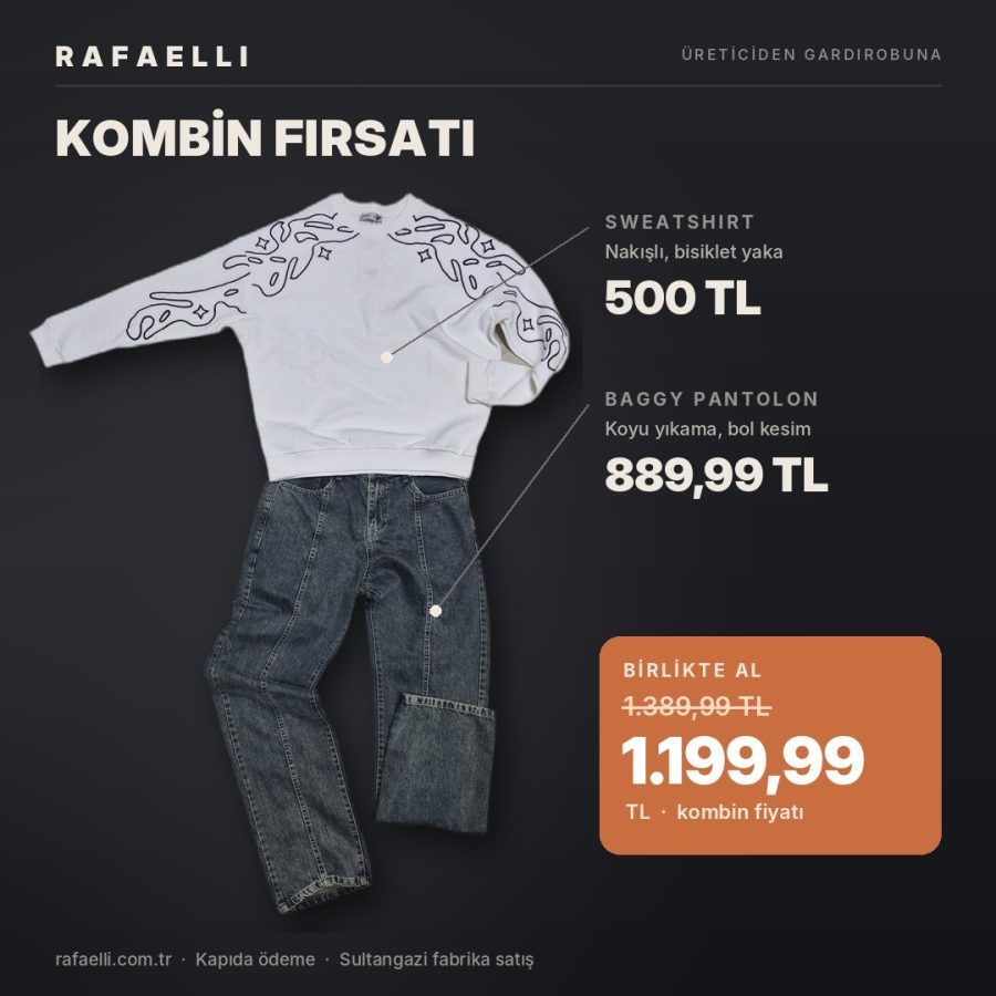 Rafaelli kombin: beyaz nakışlı sweatshirt ve koyu yıkama baggy pantolon
