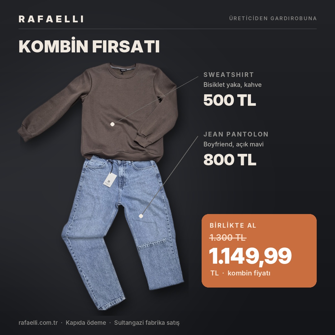 Rafaelli kombin: kahve sweatshirt ve açık mavi boyfriend jean pantolon