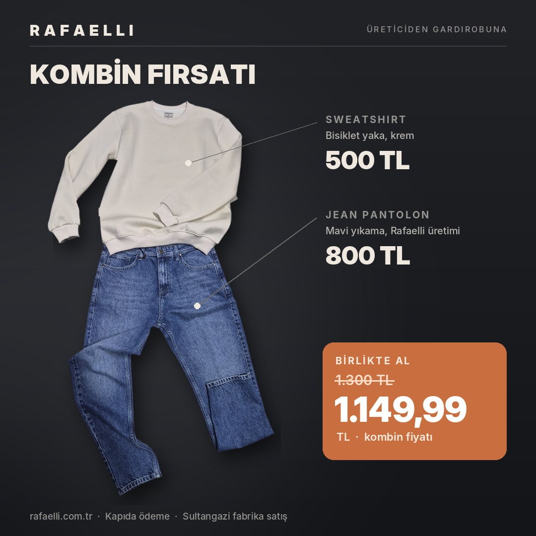 Rafaelli kombin: krem sweatshirt ve mavi jean pantolon