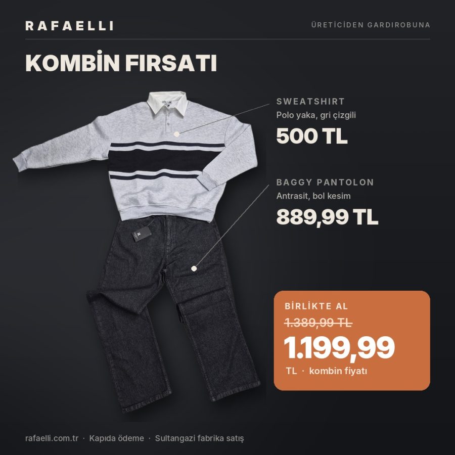 Rafaelli kombin: polo yaka gri çizgili sweatshirt ve antrasit baggy pantolon